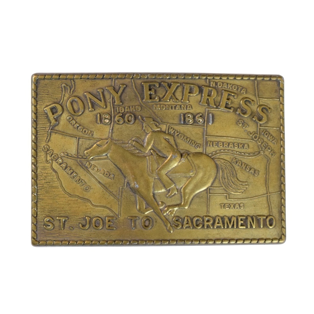 VTG Pony Express Belt Buckle St Joe To Sacramento‎ 1860 - 1861 Brass Western Map